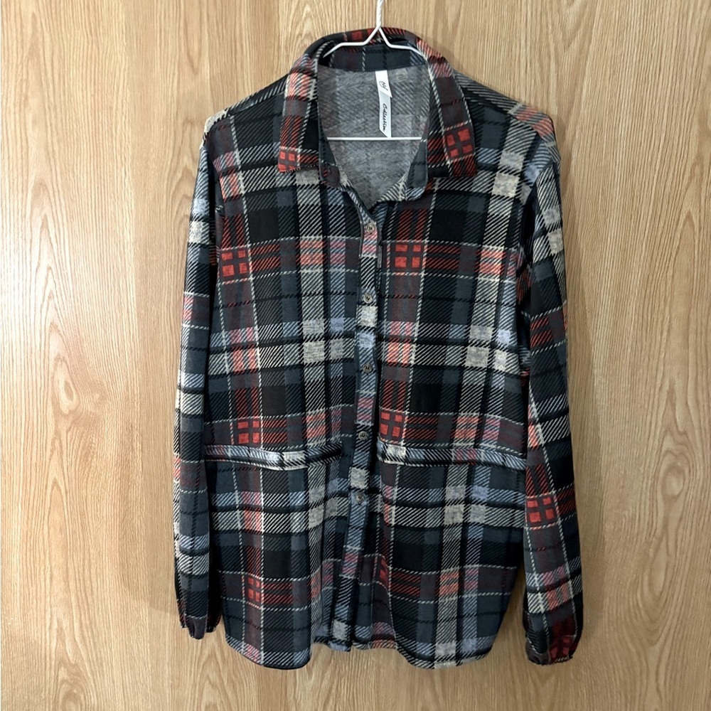 NY Collection Soft Stretch Knit Career Red/ Black Plaid Button Down Shirt Jacket
